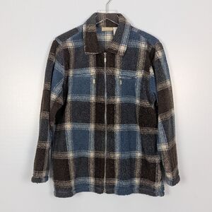Liz Claiborne Blue and Brown Plaid Fleece Jacket Medium Vintage